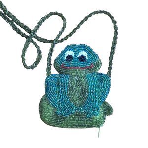 Vintage Frog Beaded Froggie Coin Change Purse CrossBody Double Sided Satin Lined